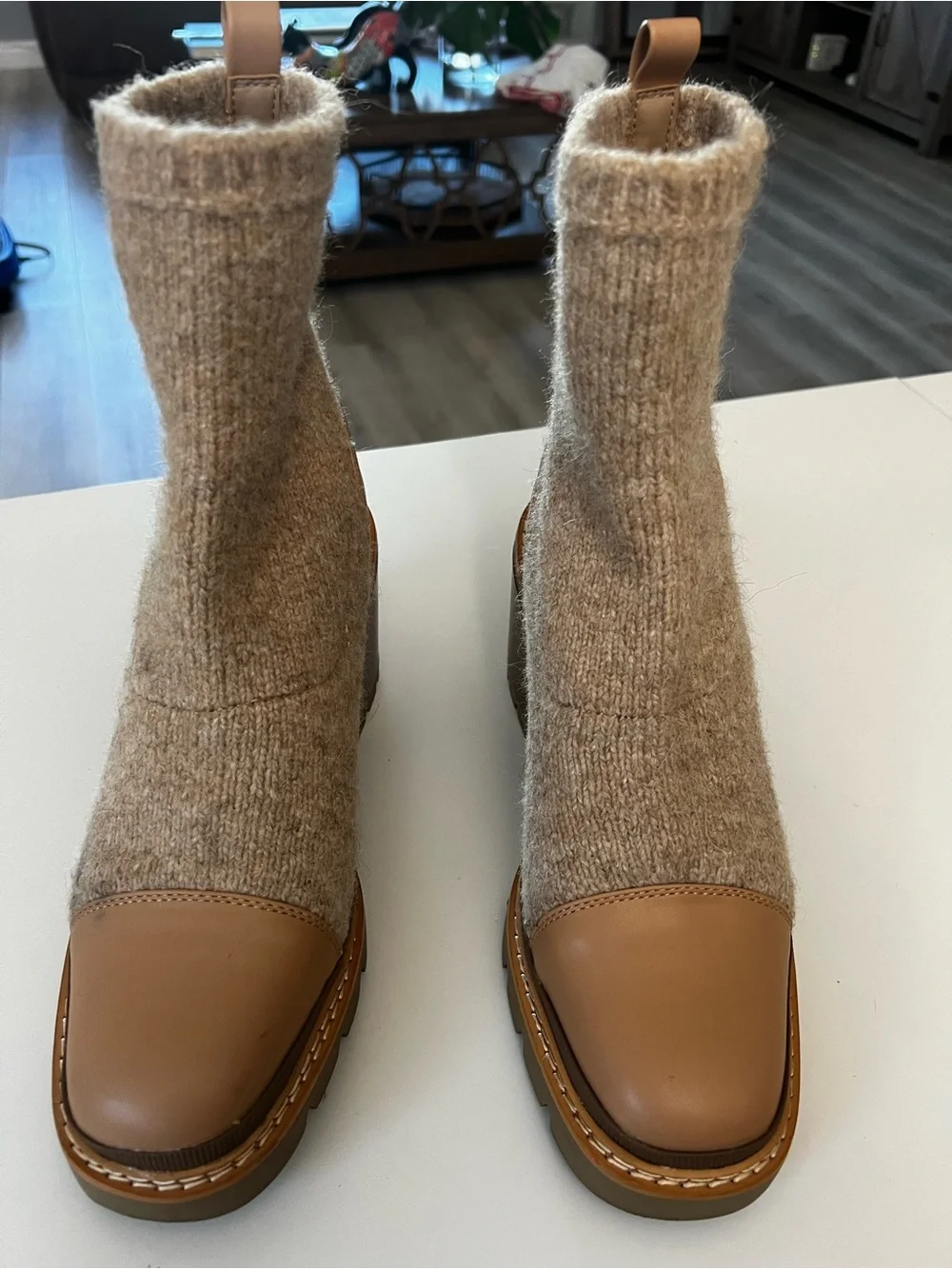 Sam Edelman Beige Knit Sock Booties with Tan Leather Toe